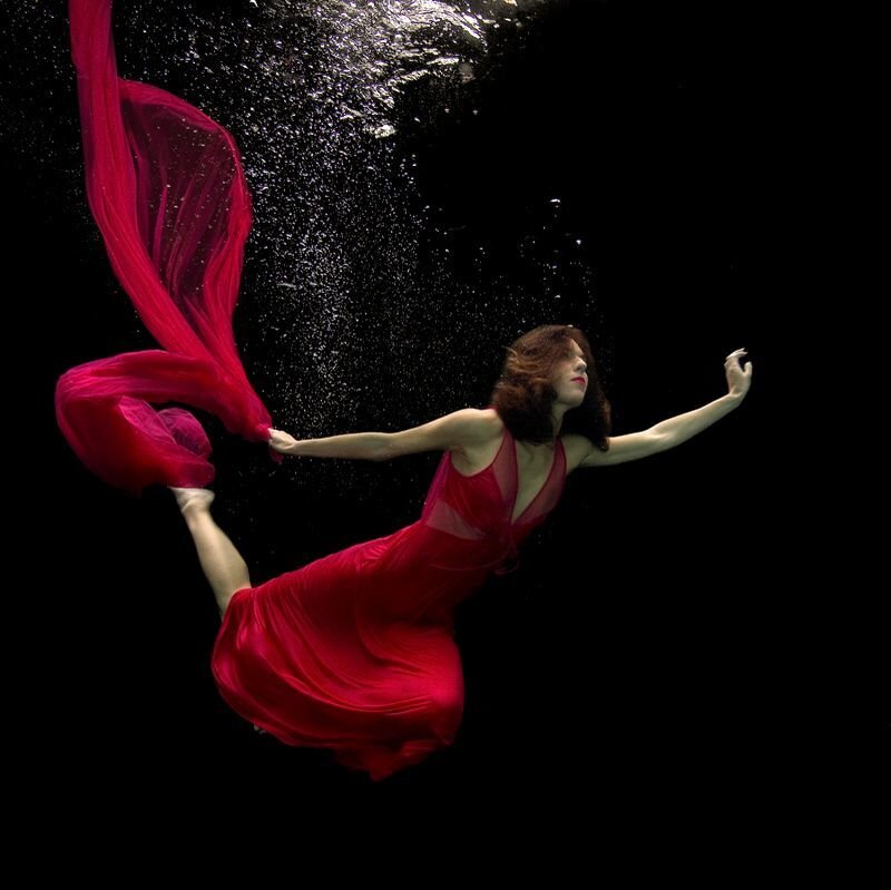 Woman in Red Dress — Dramatic, Photograph, Bubbles