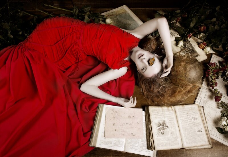 Woman in Red Dress — Dramatic, Photograph, Butterfly