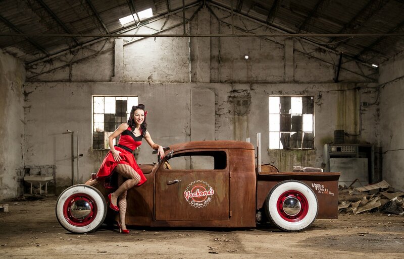 Woman in Red Dress — Dramatic, Photograph, Car, Warehouse