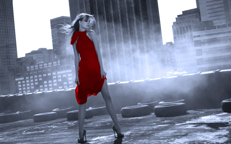 Woman in Red Dress — Dramatic, Photograph, City Skyline