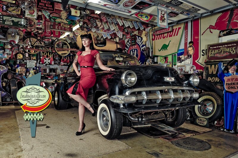Woman in Red Dress — Dramatic, Photograph, Classic Car