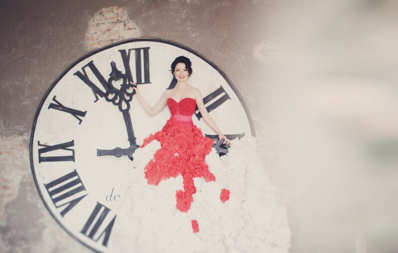 Woman in Red Dress — Dramatic, Photograph, Clock