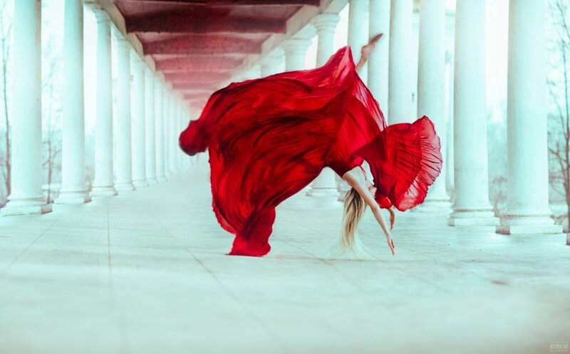 Woman in Red Dress — Dramatic, Photograph, Columns, Floor