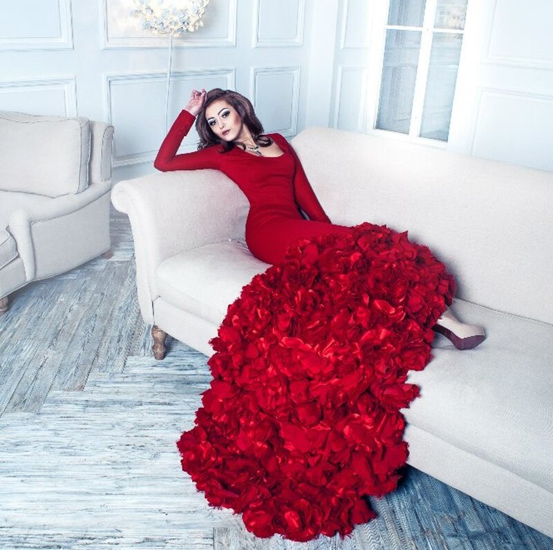 Woman in Red Dress — Dramatic, Photograph, Couch, Floor Lamp