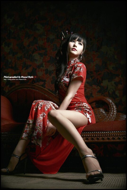 Woman in Red Dress — Dramatic, Photograph, Couch, Heels, Black