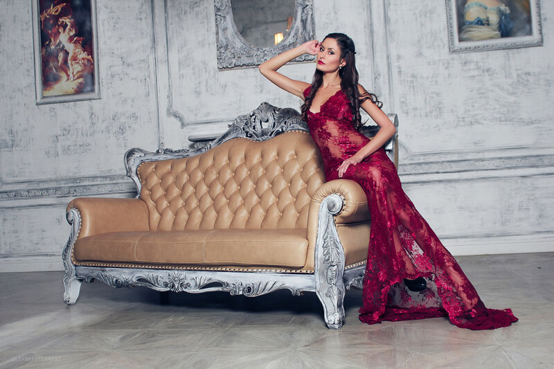 Woman in Red Dress — Dramatic, Photograph, Couch, Paintings