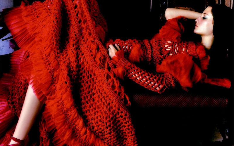 Woman in Red Dress — Dramatic, Photograph, Couch
