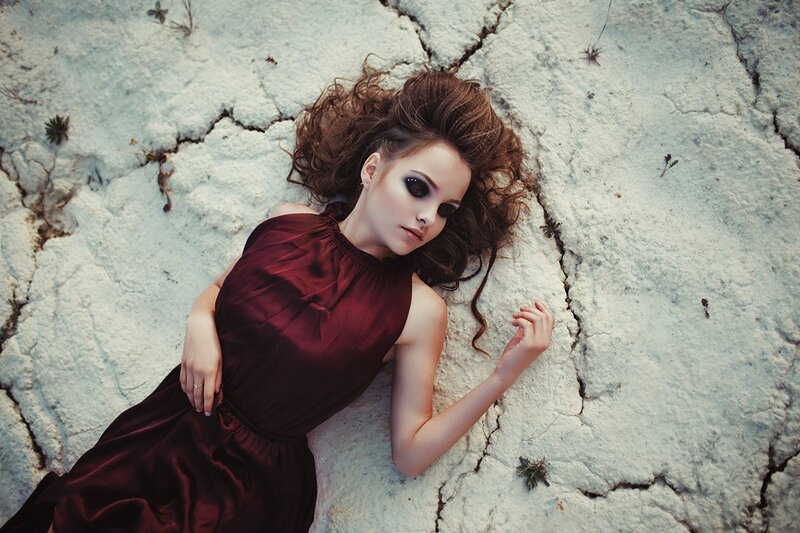 Woman in Red Dress — Dramatic, Photograph, Cracked Ground