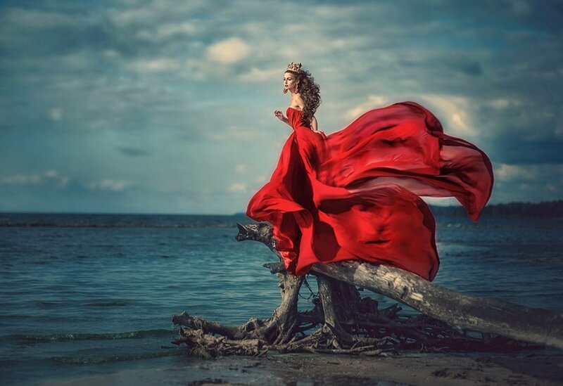 Woman in Red Dress — Dramatic, Photograph, Crown, Driftwood