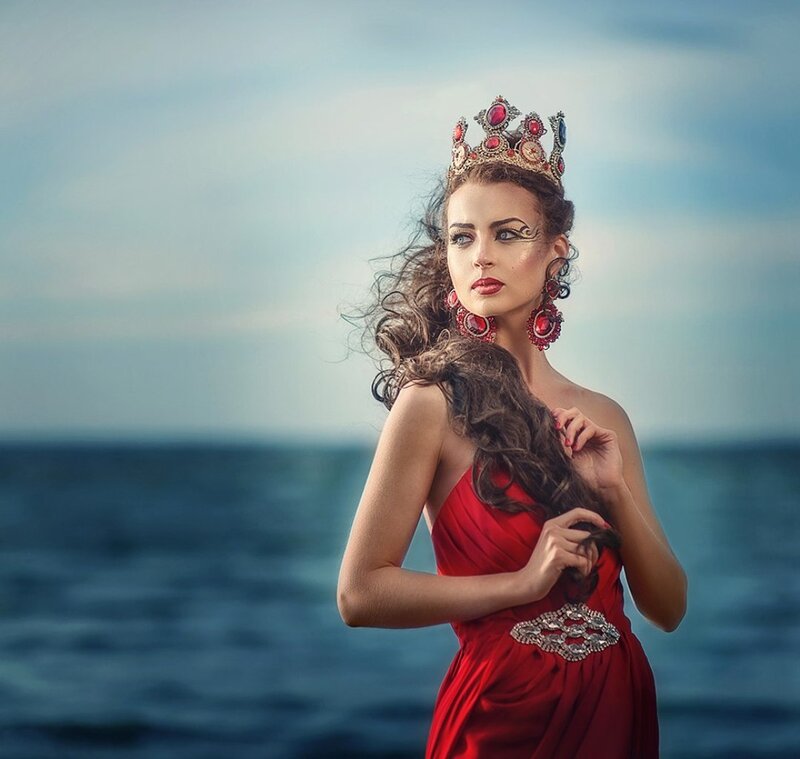 Woman in Red Dress — Dramatic, Photograph, Crown, Earrings
