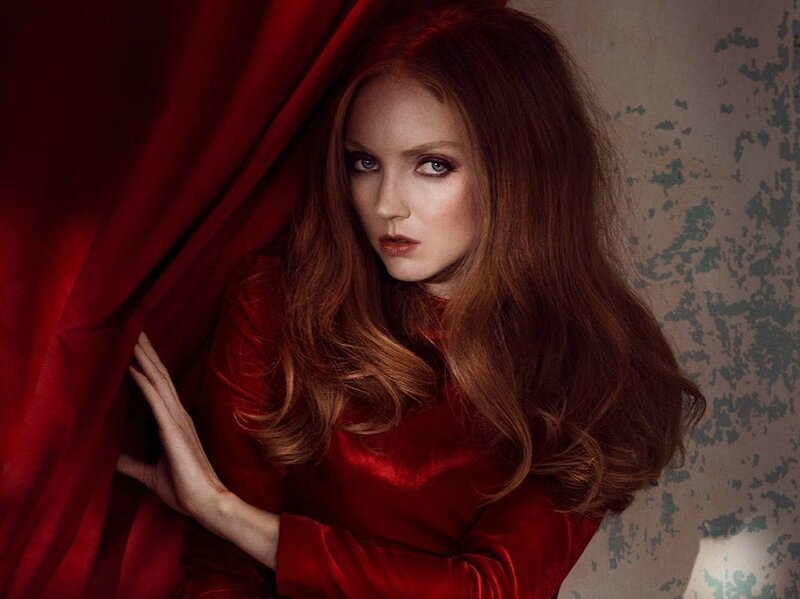 Woman in Red Dress — Dramatic, Photograph, Curtain, Wall
