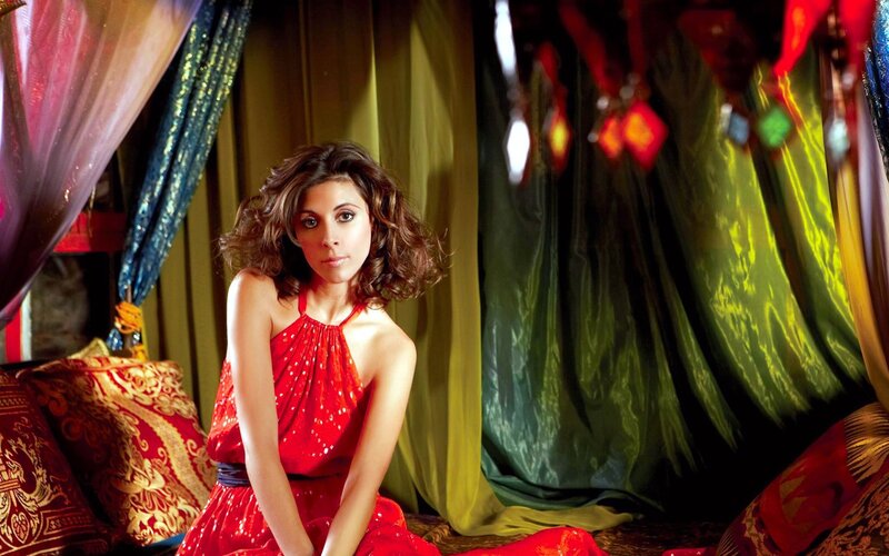 Woman in Red Dress — Dramatic, Photograph, Curtains, Pillows