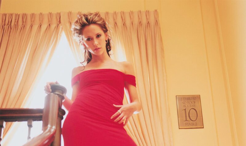 Woman in Red Dress — Dramatic, Photograph, Curtains, Staircase