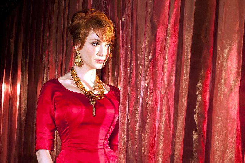 Woman in Red Dress — Dramatic, Photograph, Curtains