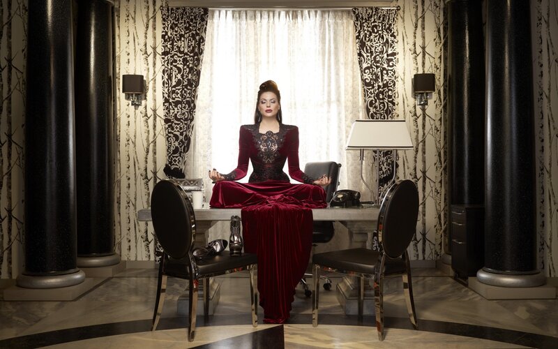 Woman in Red Dress — Dramatic, Photograph, Desk, Chairs