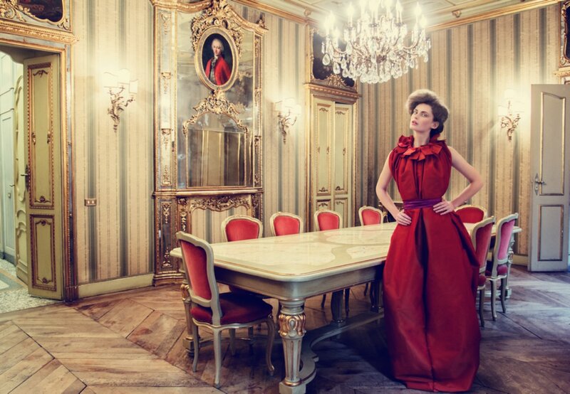 Woman in Red Dress — Dramatic, Photograph, Dining Table