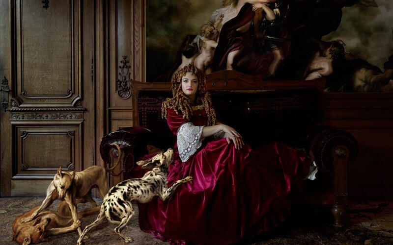 Woman in Red Dress — Dramatic, Photograph, Dogs