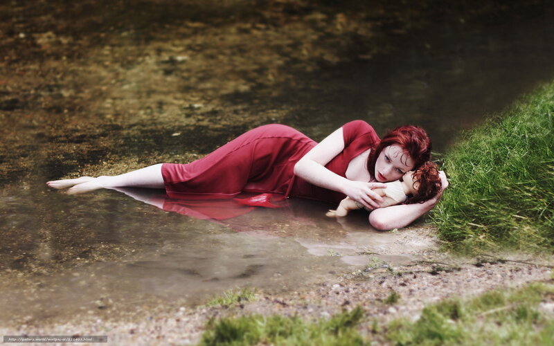 Woman in Red Dress — Dramatic, Photograph, Doll, River
