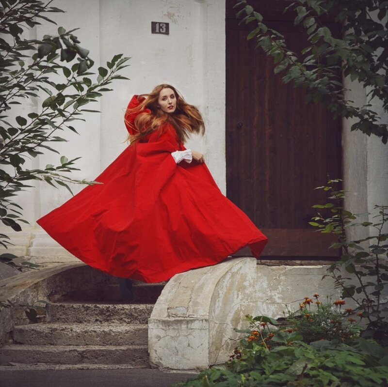 Woman in Red Dress — Dramatic, Photograph, Door