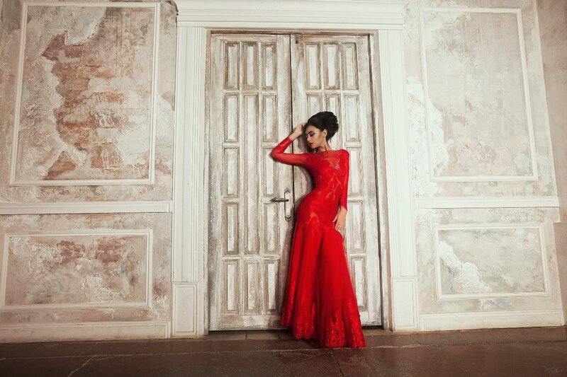 Woman in Red Dress — Dramatic, Photograph, Door, Wall