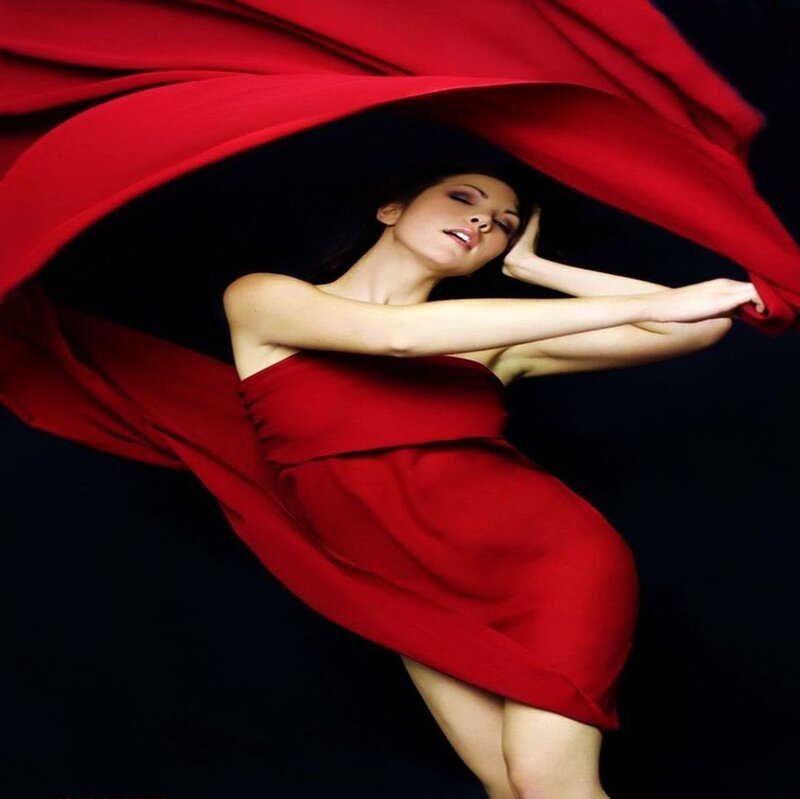 Woman in Red Dress — Dramatic, Photograph, Fabric