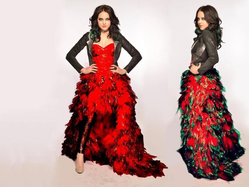 Woman in Red Dress — Dramatic, Photograph, Feathered Skirt