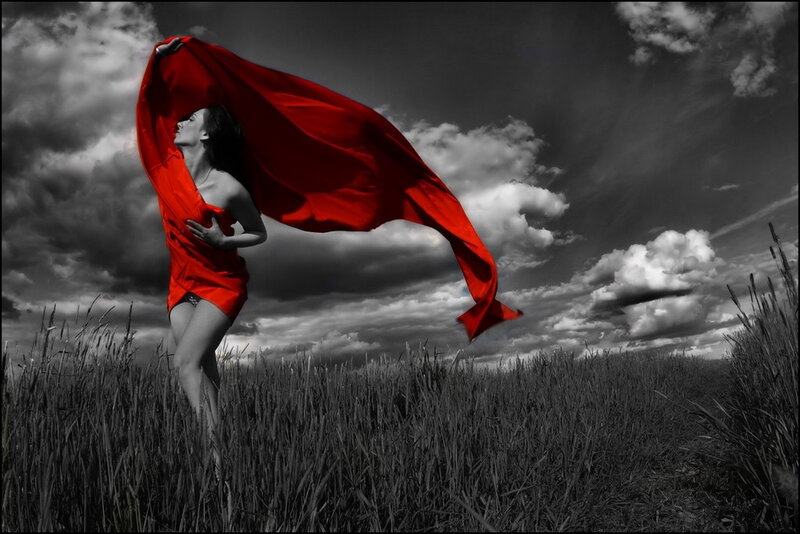 Woman in Red Dress — Dramatic, Photograph, Field