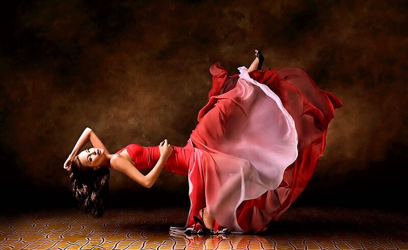 Woman in Red Dress — Dramatic, Photograph, Floor, Lighting