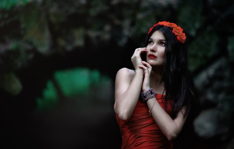 Woman in Red Dress — Dramatic, Photograph, Flower Crown