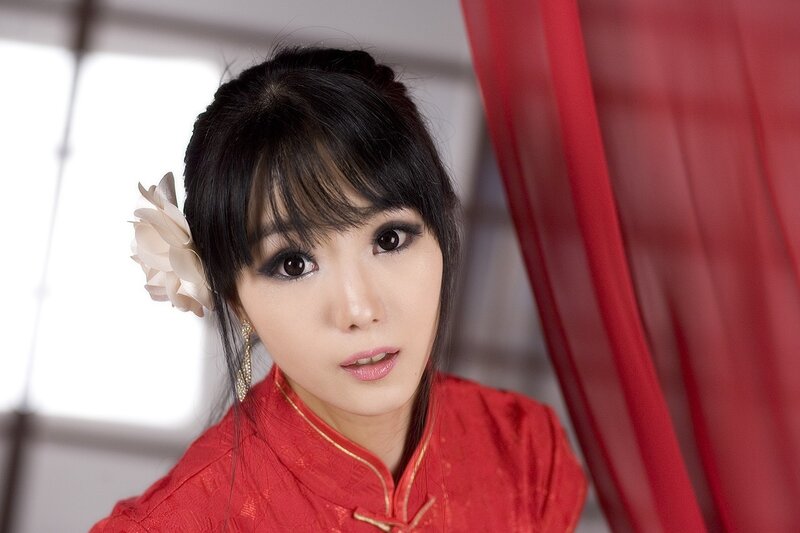 Woman in Red Dress — Dramatic, Photograph, Flower, Earring