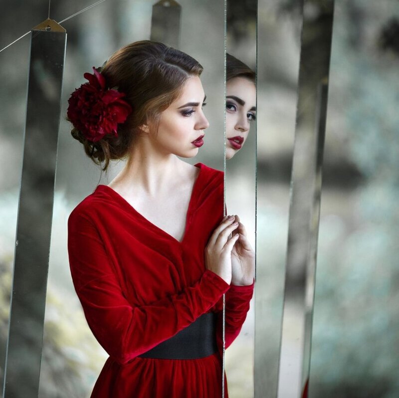 Woman in Red Dress — Dramatic, Photograph, Flower, Mirror