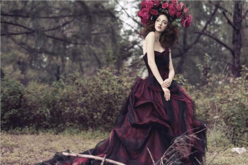 Woman in Red Dress — Dramatic, Photograph, Flowers, Forest