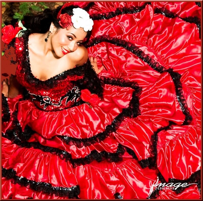 Woman in Red Dress — Dramatic, Photograph, Flowers