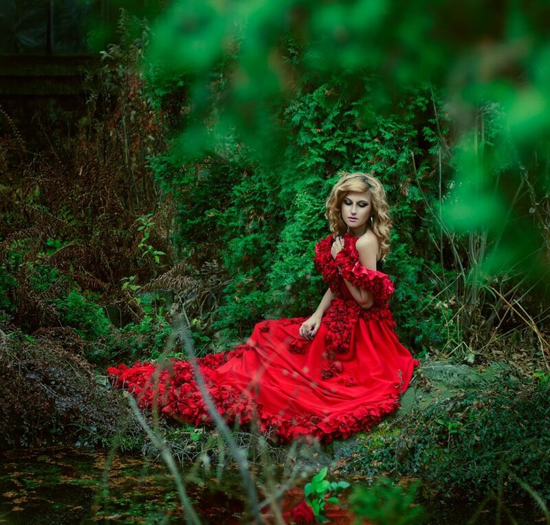 Woman in Red Dress — Dramatic, Photograph, Forest, Flowers