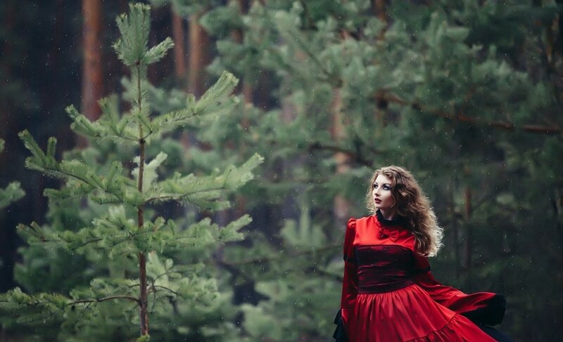 Woman in Red Dress — Dramatic, Photograph, Forest, Pine Tree