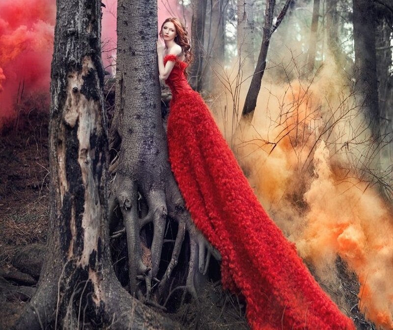 Woman in Red Dress — Dramatic, Photograph, Forest, Smoke