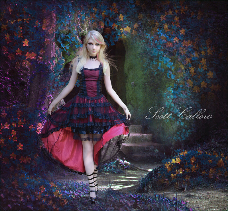 Woman in Red Dress — Dramatic, Photograph, Forest, Stairs