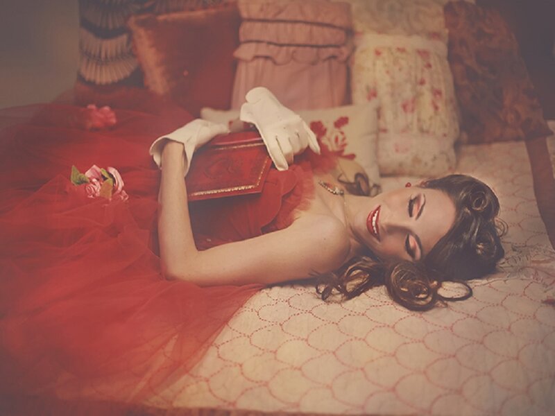 Woman in Red Dress — Dramatic, Photograph, Gloves, Book