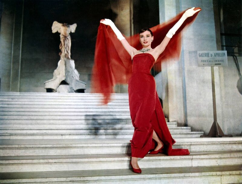 Woman in Red Dress — Dramatic, Photograph, Gloves, Statue
