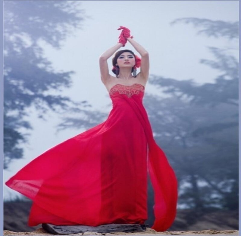 Woman in Red Dress — Dramatic, Photograph, Gloves, Trees