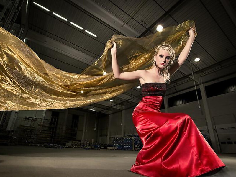 Woman in Red Dress — Dramatic, Photograph, Gold Fabric, Warehouse