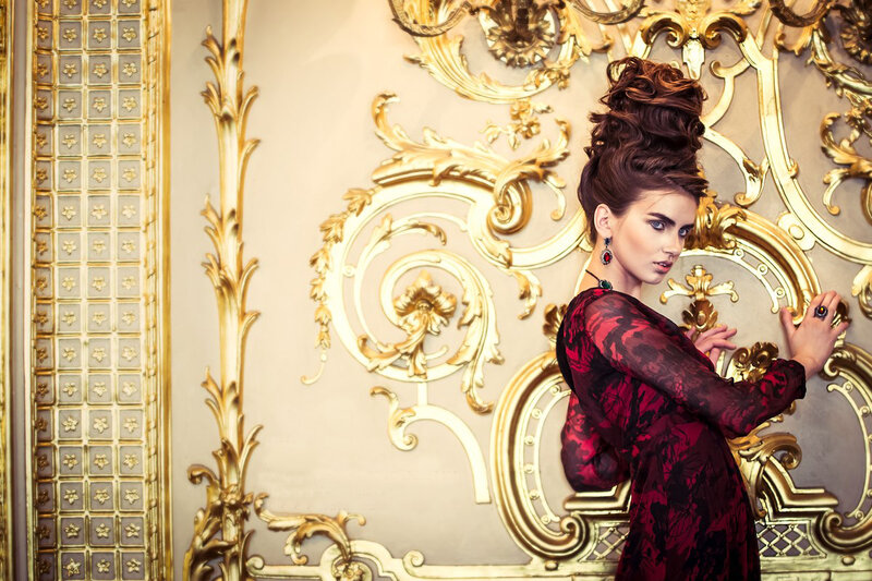 Woman in Red Dress — Dramatic, Photograph, Gold Wall