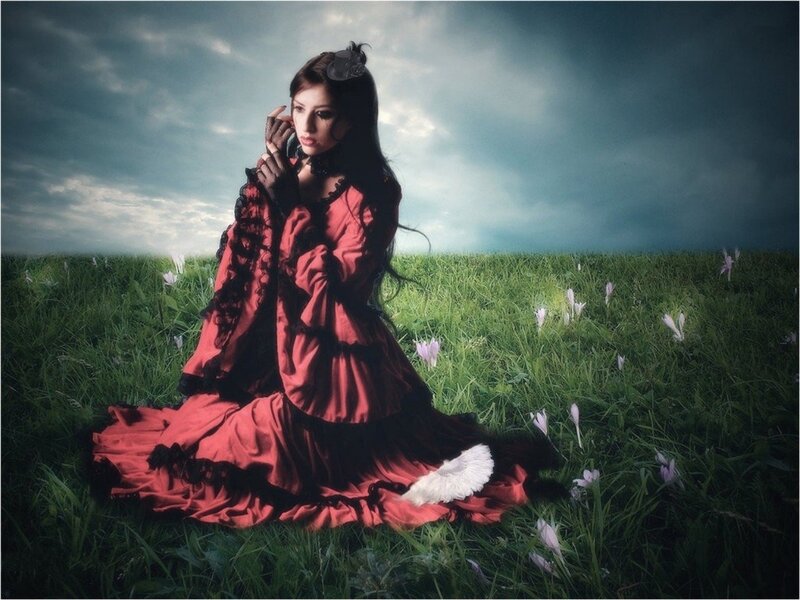 Woman in Red Dress — Dramatic, Photograph, Grass Field