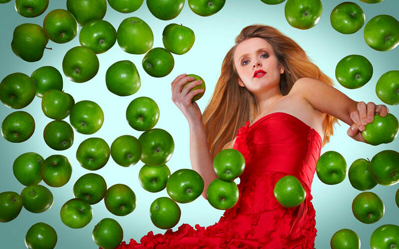 Woman in Red Dress — Dramatic, Photograph, Green Apples