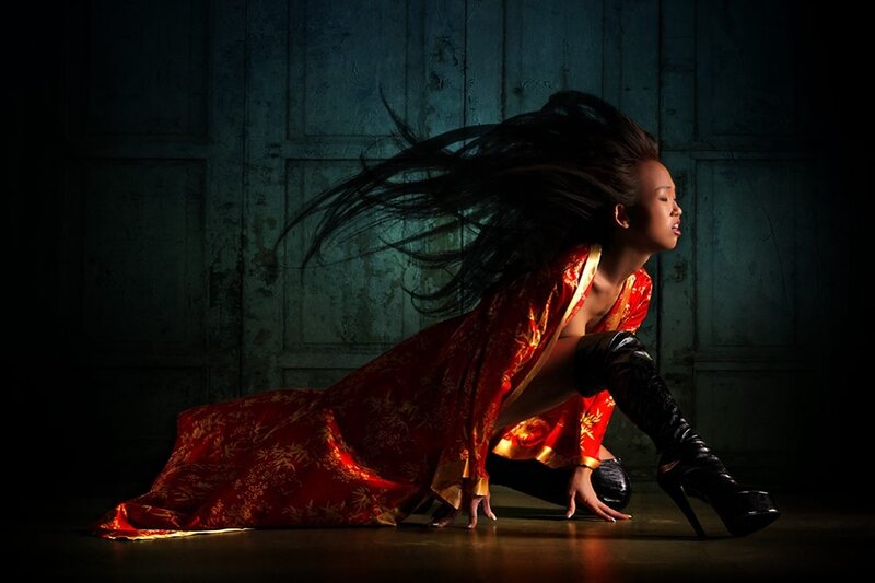 Woman in Red Dress — Dramatic, Photograph, Hair, Boots