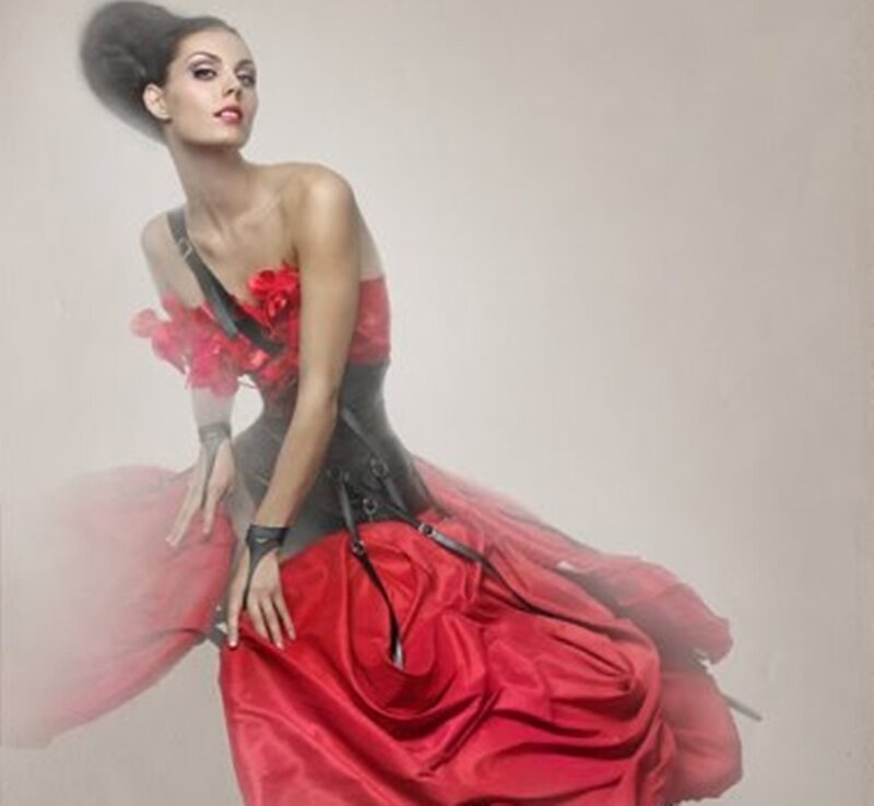 Woman in Red Dress — Dramatic, Photograph, Hair, Corset