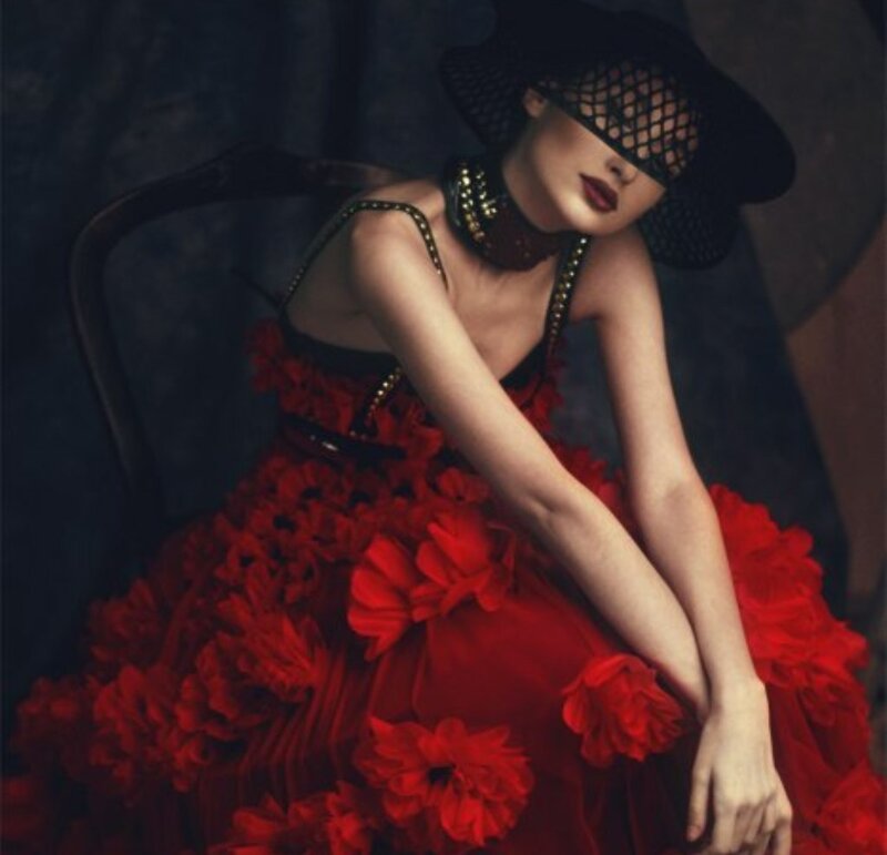 Woman in Red Dress — Dramatic, Photograph, Hat, Chair