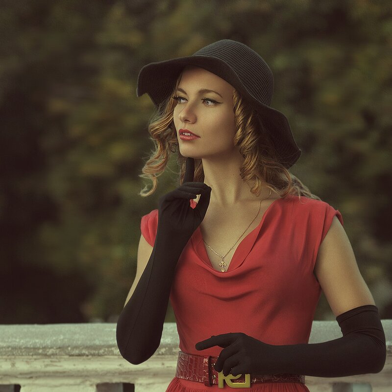 Woman in Red Dress — Dramatic, Photograph, Hat, Gloves