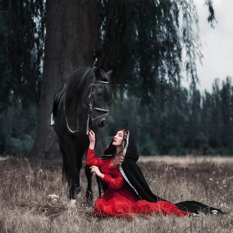 Woman in Red Dress — Dramatic, Photograph, Horse, Tree