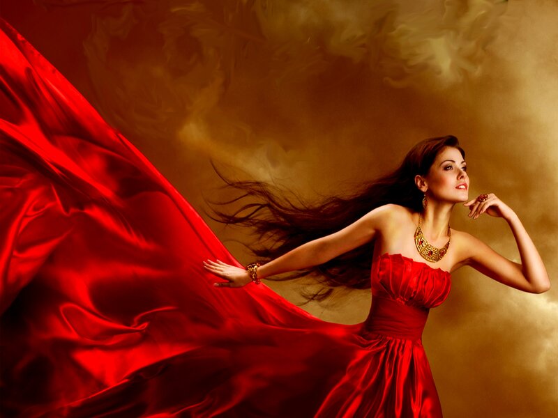 Woman in Red Dress — Dramatic, Photograph, Jewelry, Hair